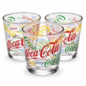 Vintage‎ Coca Cola Multicolor Logo Rocks Glass Set 4 Barware 1987 USA
